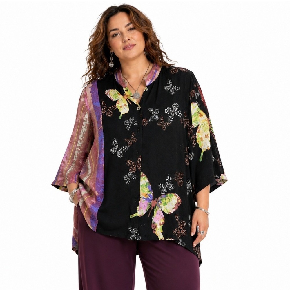 Citron Santa Monica 100% Silk Butterfly Blouse 2X Art To Wear Boho Artsy Tunic